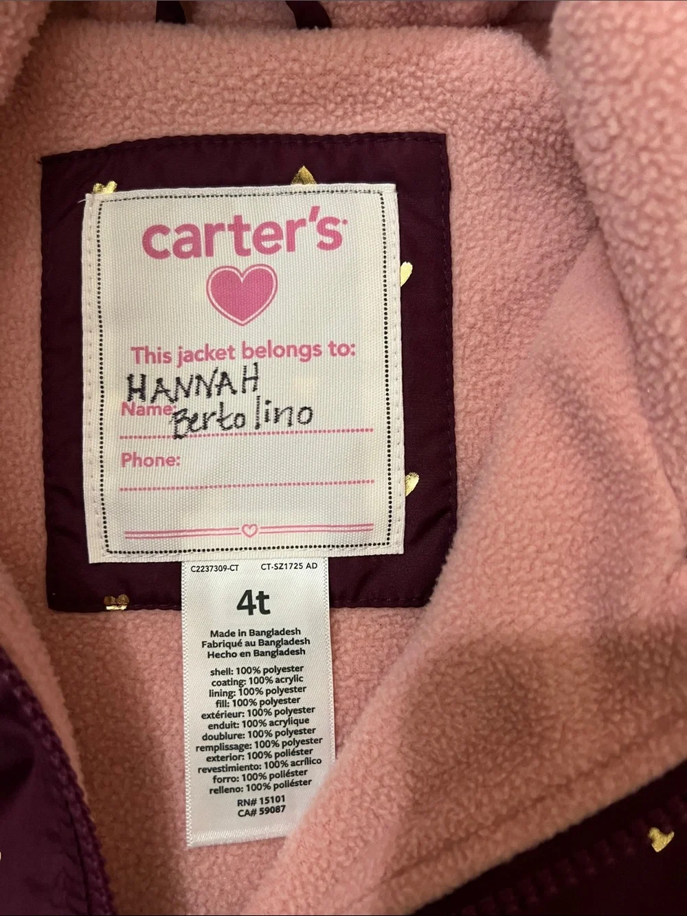Carter’s Girls' Maroon Heart Hooded Jacket